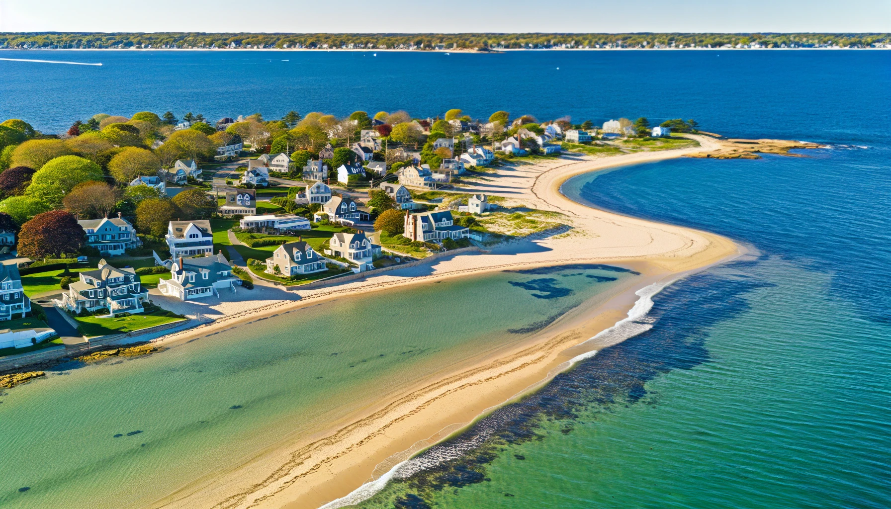 Aerial view of Rhode Island coastline with houses near the beach